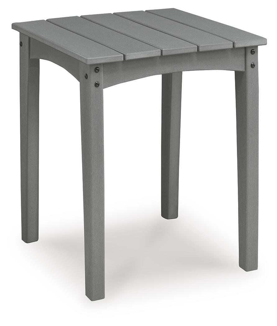 Gray square end table with slatted top and four straight legs