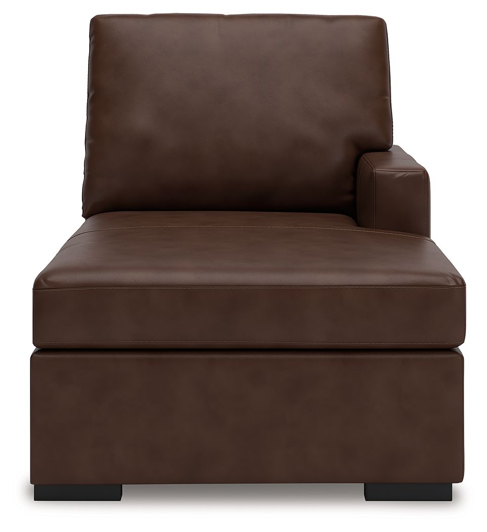 Brown corner chaise lounge with tall backrest, smooth seat cushion and short dark legs