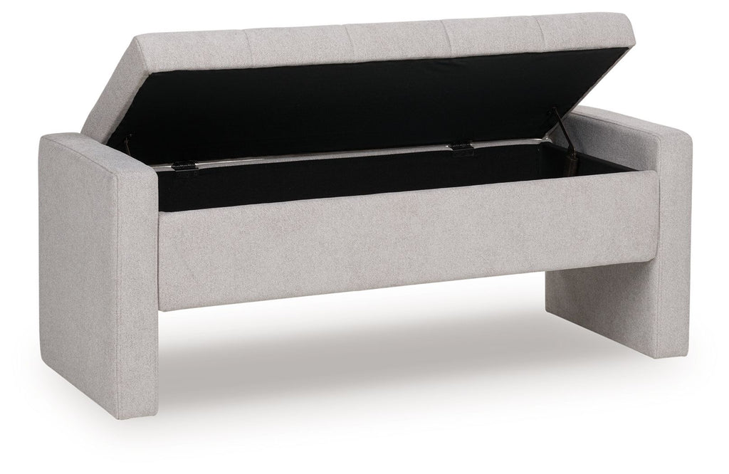 Gray storage bench with open hinged lid, black interior storage compartment