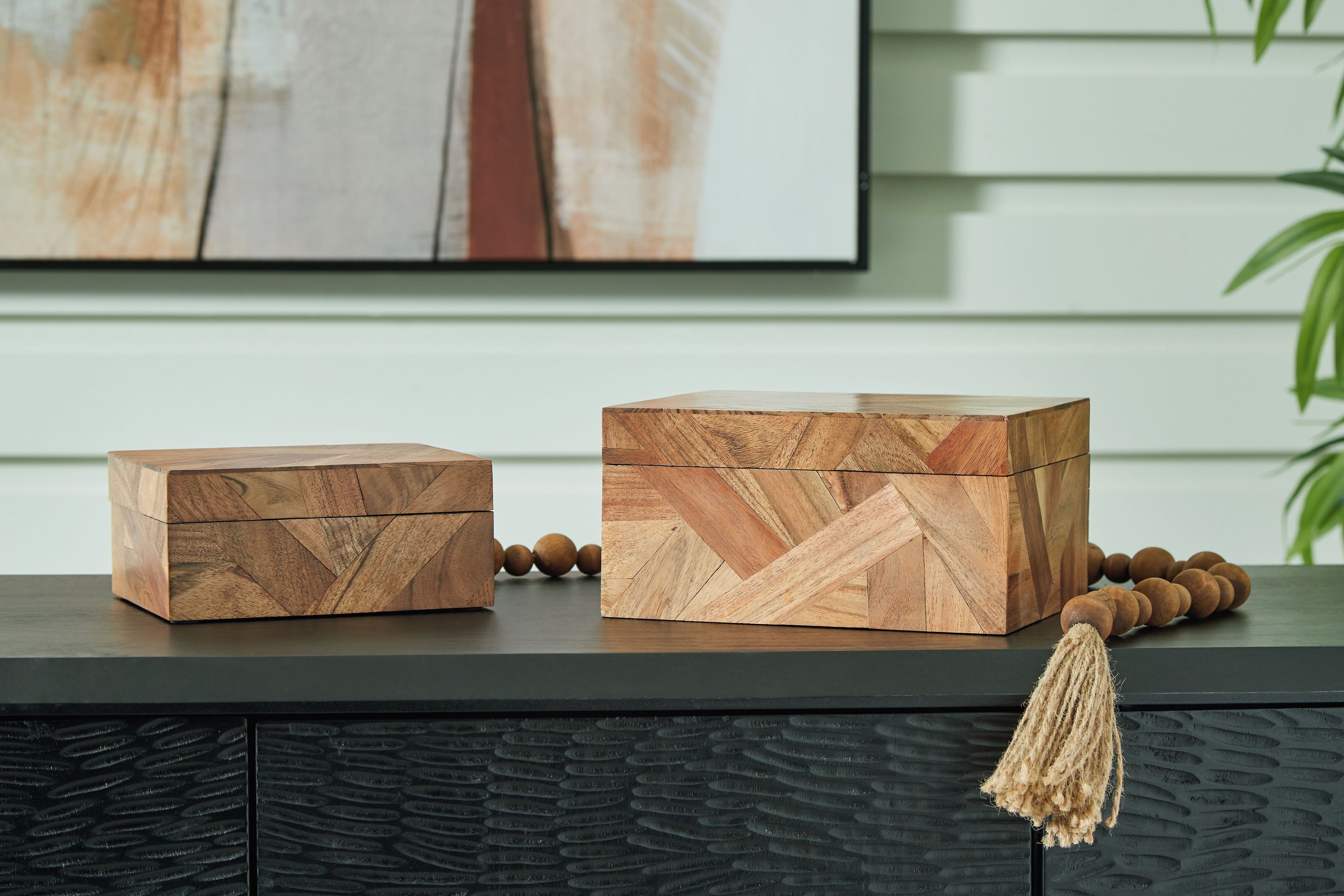 Antford set of 2 brown wooden lidded storage boxes with geometric inlay, shelf display