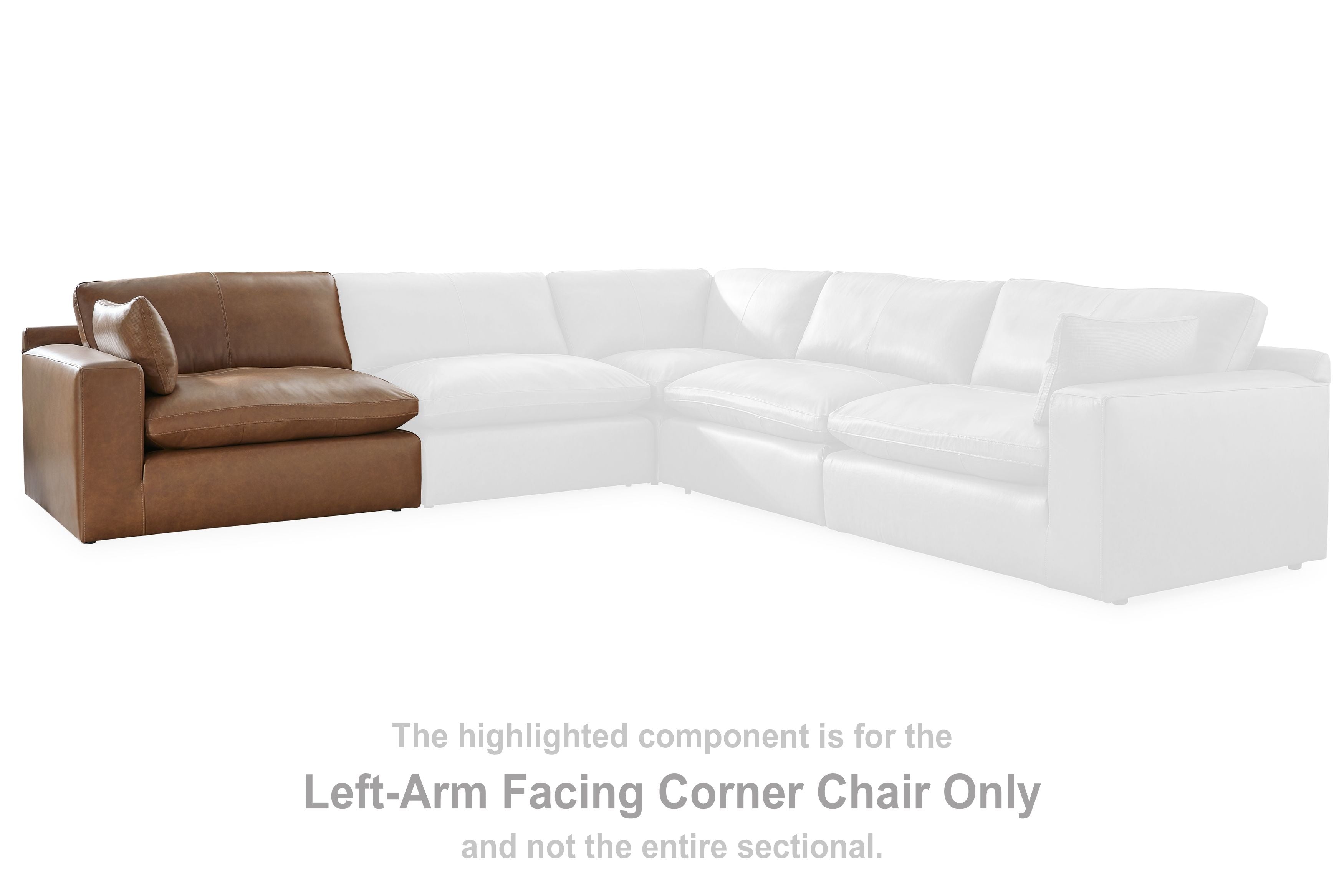 Caramel brown left-arm corner chair with cushioned seat and back, L-shaped profile.