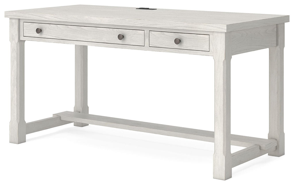 White writing desk with two center drawers and open lower shelf under the tabletop