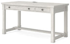 White writing desk with two center drawers and open lower shelf under the tabletop