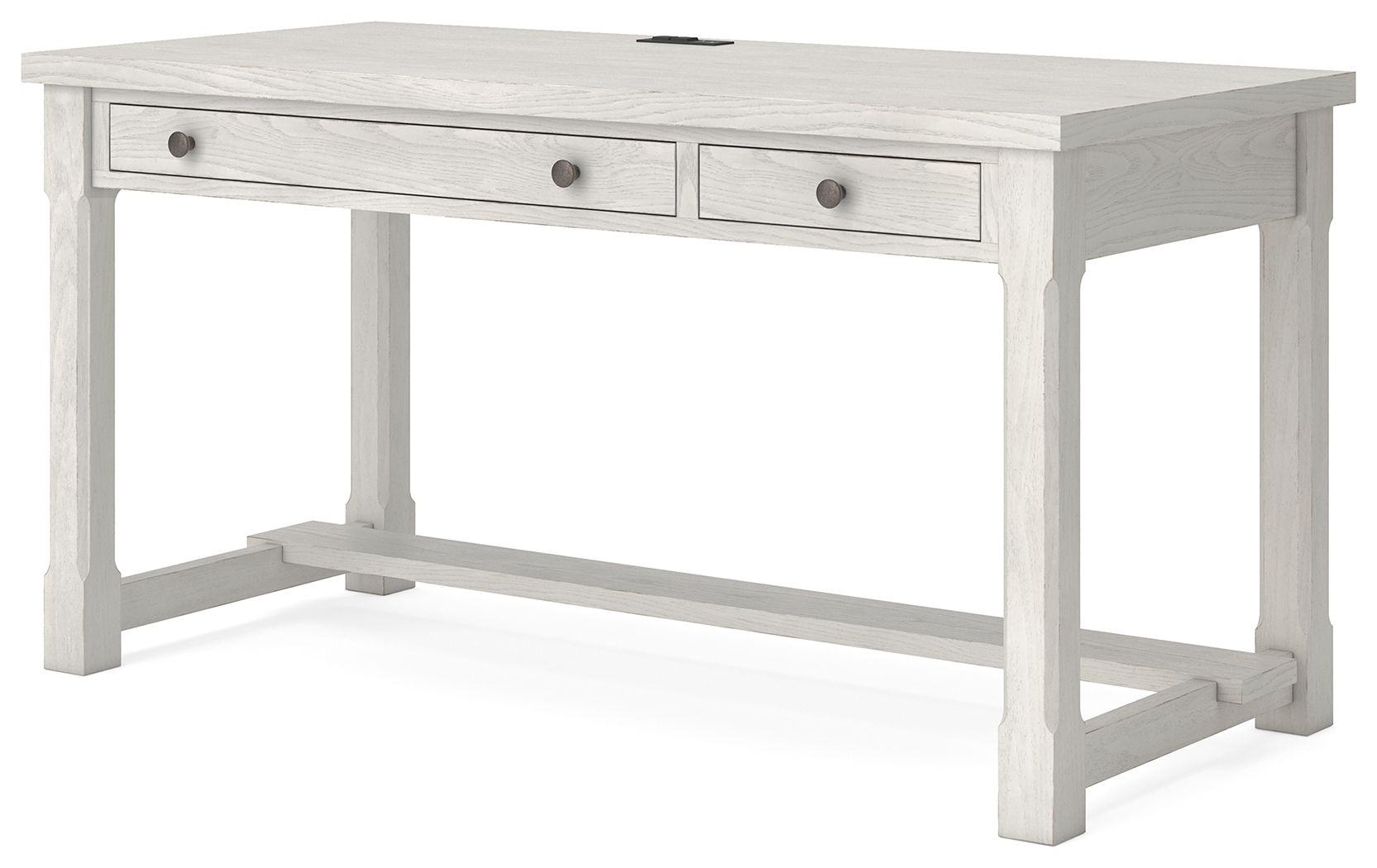 White writing desk with two center drawers and open lower shelf under the tabletop