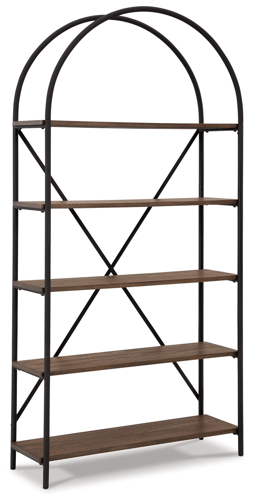 Brown and black metal bookcase with arched top and four open shelves