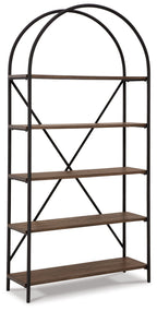Brown and black metal bookcase with arched top and four open shelves
