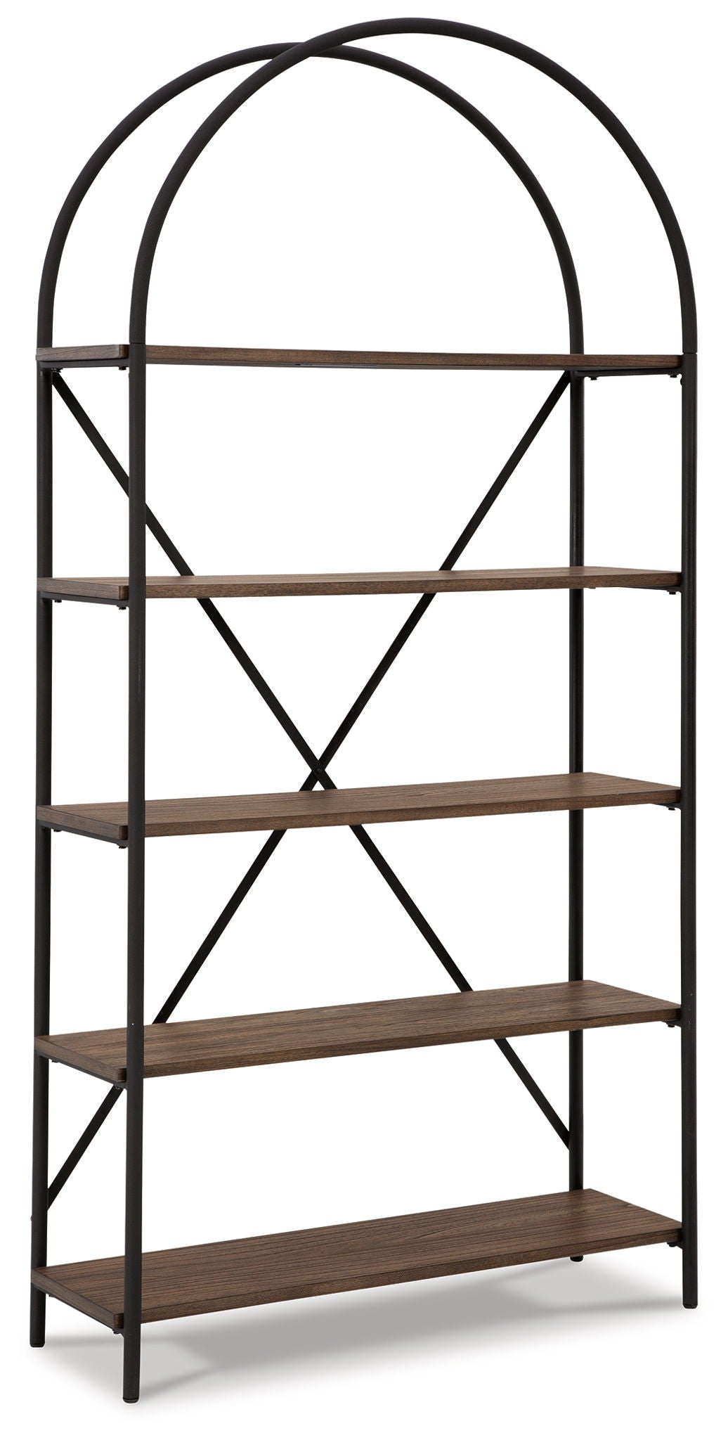 Brown and black metal bookcase with arched top and four open shelves