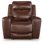 Mahogany leather-look power recliner with adjustable headrest and cushioned seat