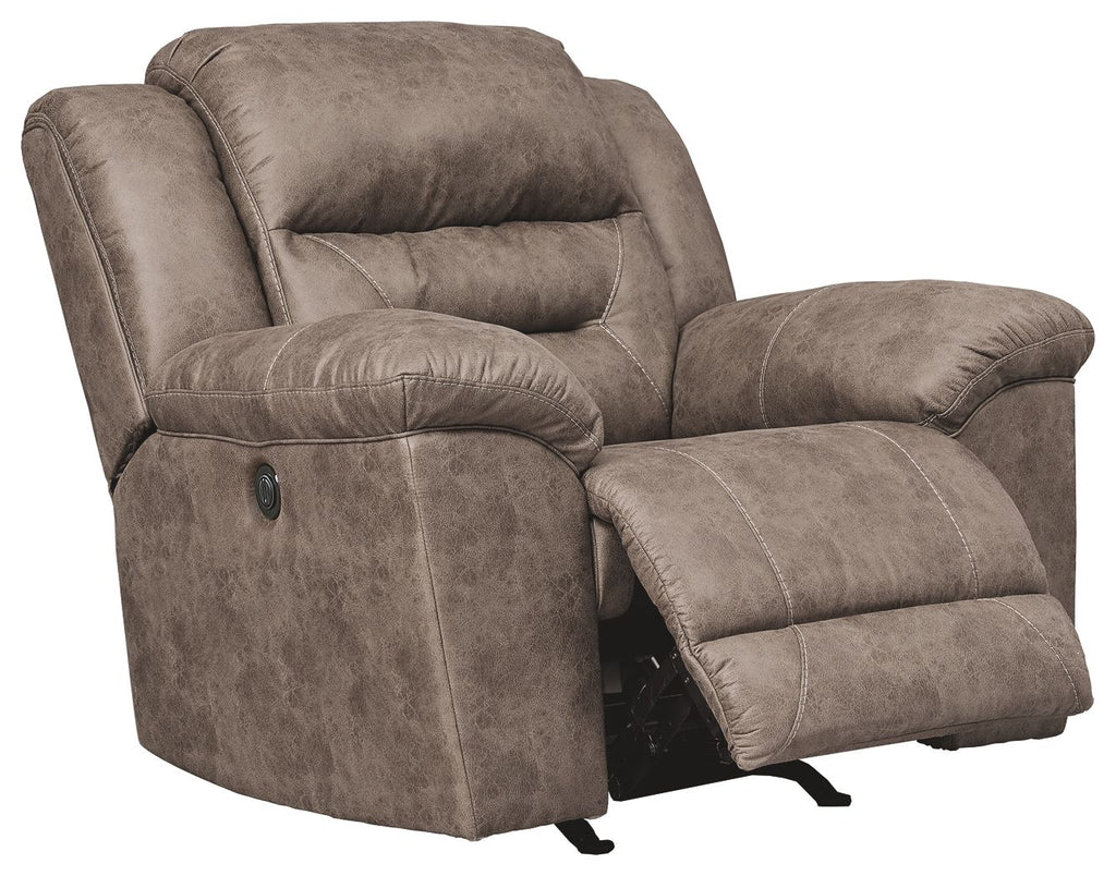 Fossil power recliner with extended footrest and padded armrests, taupe fabric upholstery