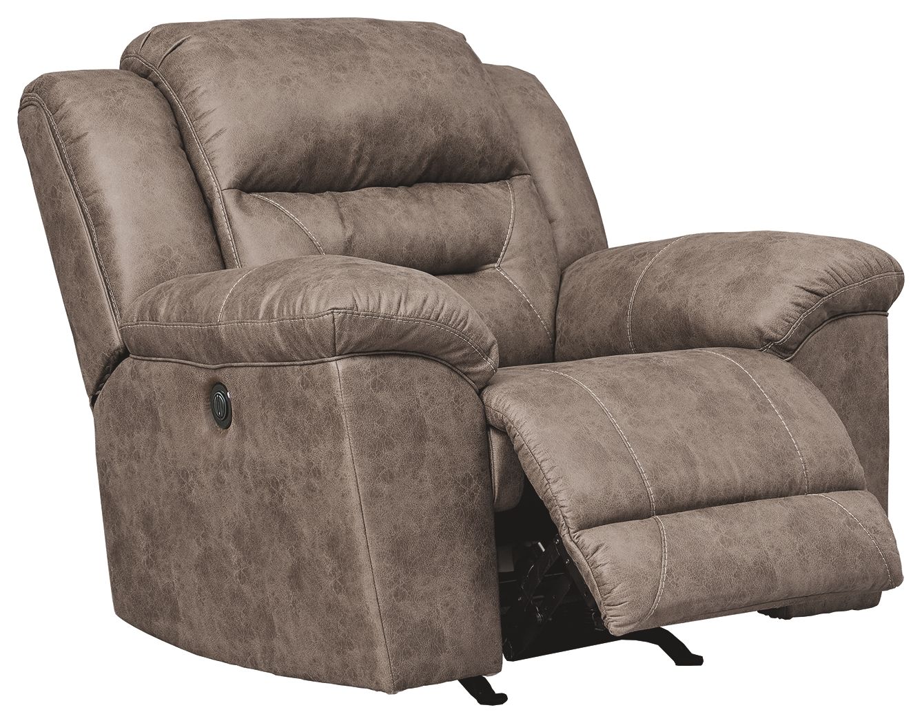 Fossil power recliner with extended footrest and padded armrests, taupe fabric upholstery