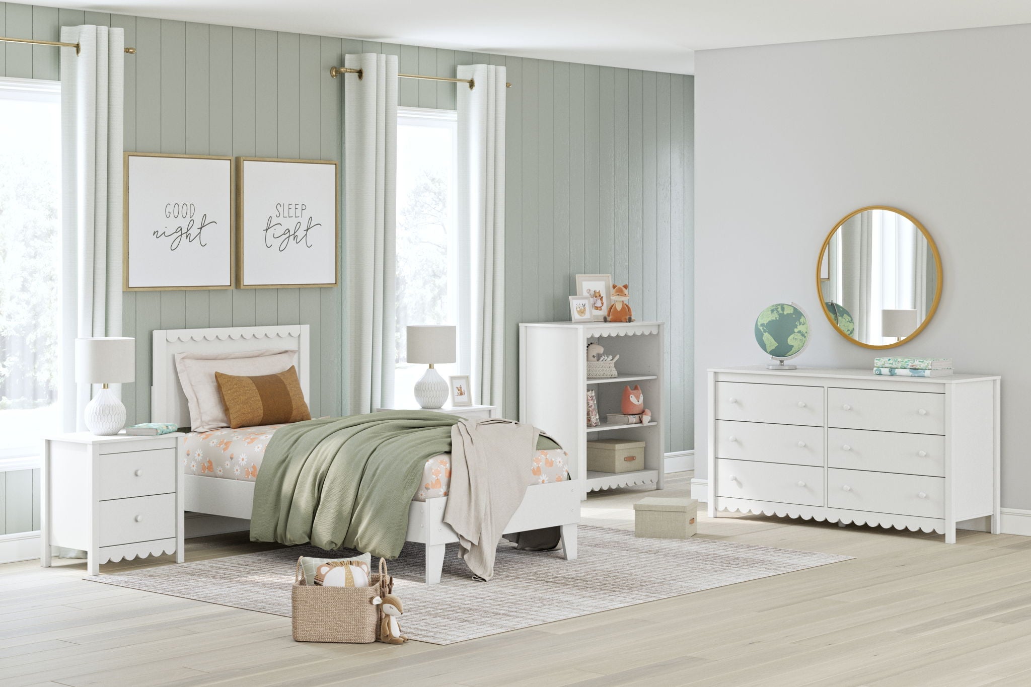 White bedroom set with platform bed, dresser with round mirror, and shelving unit