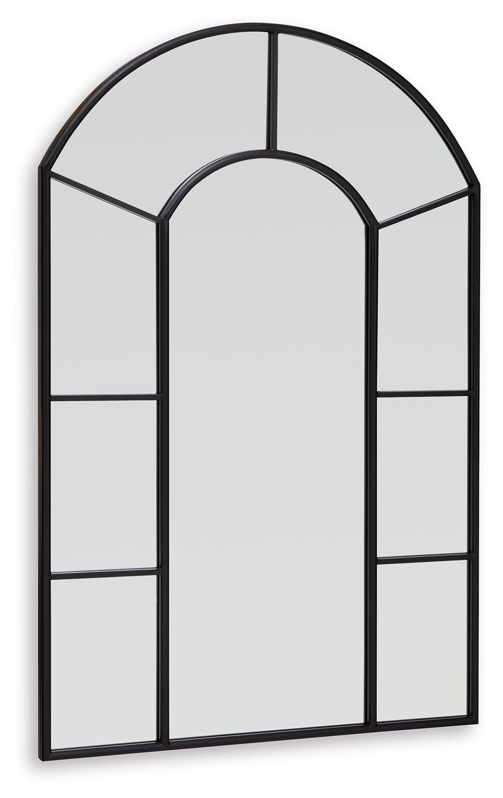 Black framed arched accent mirror with three inner panel sections