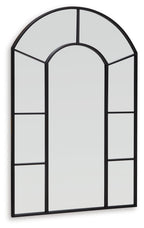 Black framed arched accent mirror with three inner panel sections