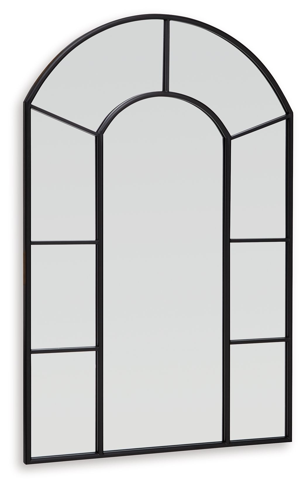 Black framed arched accent mirror with three inner panel sections