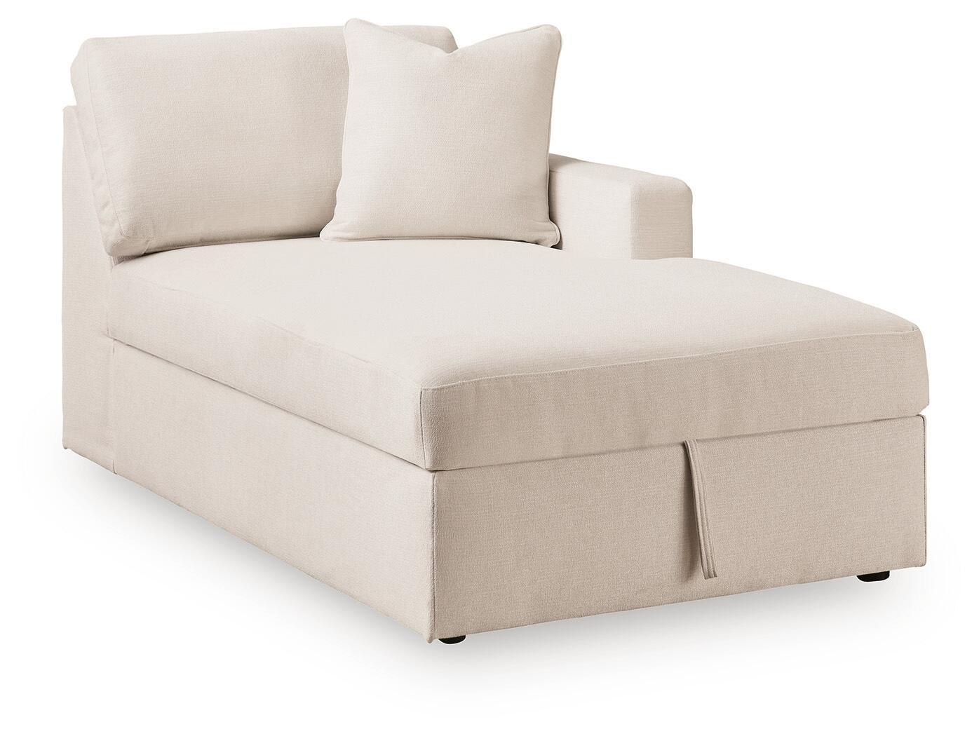 Oyster corner chaise with storage, light beige upholstered seat and back cushions