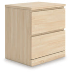 Light brown two-drawer night stand with smooth front panels and flat pull