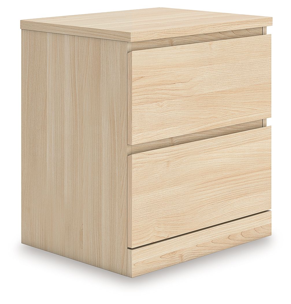 Light brown two-drawer night stand with smooth front panels and flat pull