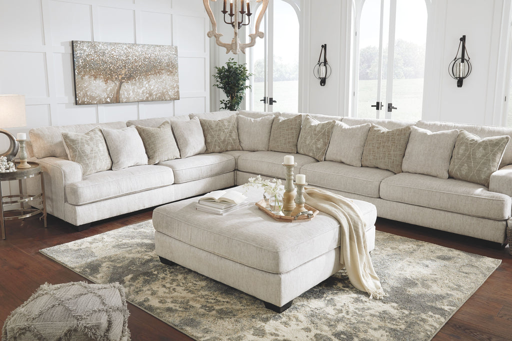 Parchment fabric accent ottoman with wide seat and dark legs