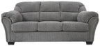 Pewter gray fabric sofa front view with tufted backrest and nailhead side trim