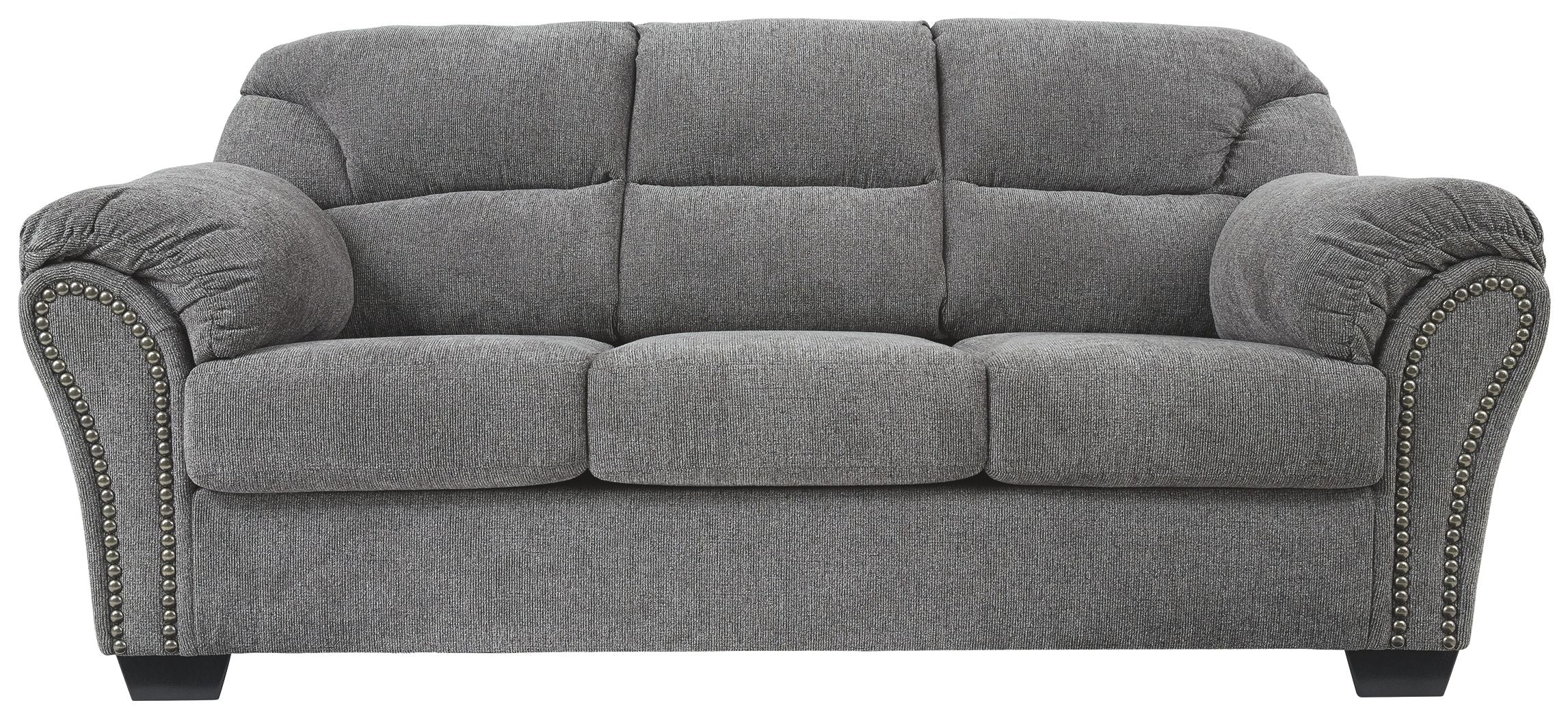 Pewter gray fabric sofa front view with tufted backrest and nailhead side trim