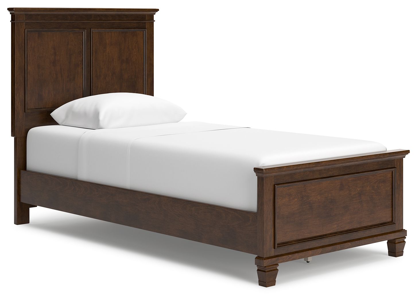 Dark brown panel bed with white mattress and two pillows, side panel headboard.