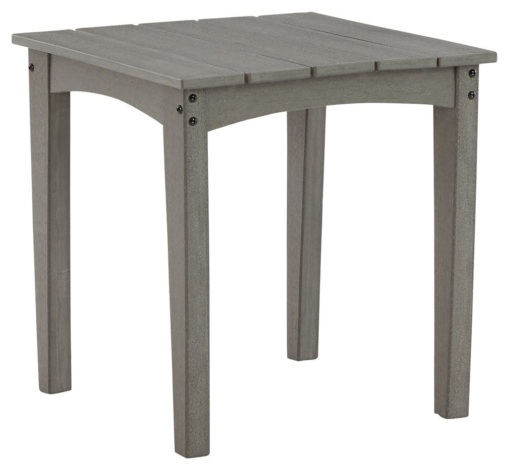 Gray square end table with slatted tabletop and straight legs, corner bolts