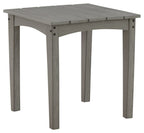 Gray square end table with slatted tabletop and straight legs, corner bolts