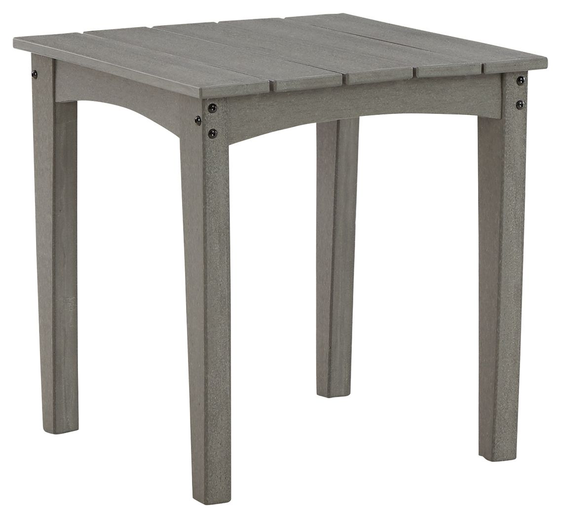 Gray square end table with slatted tabletop and straight legs, corner bolts