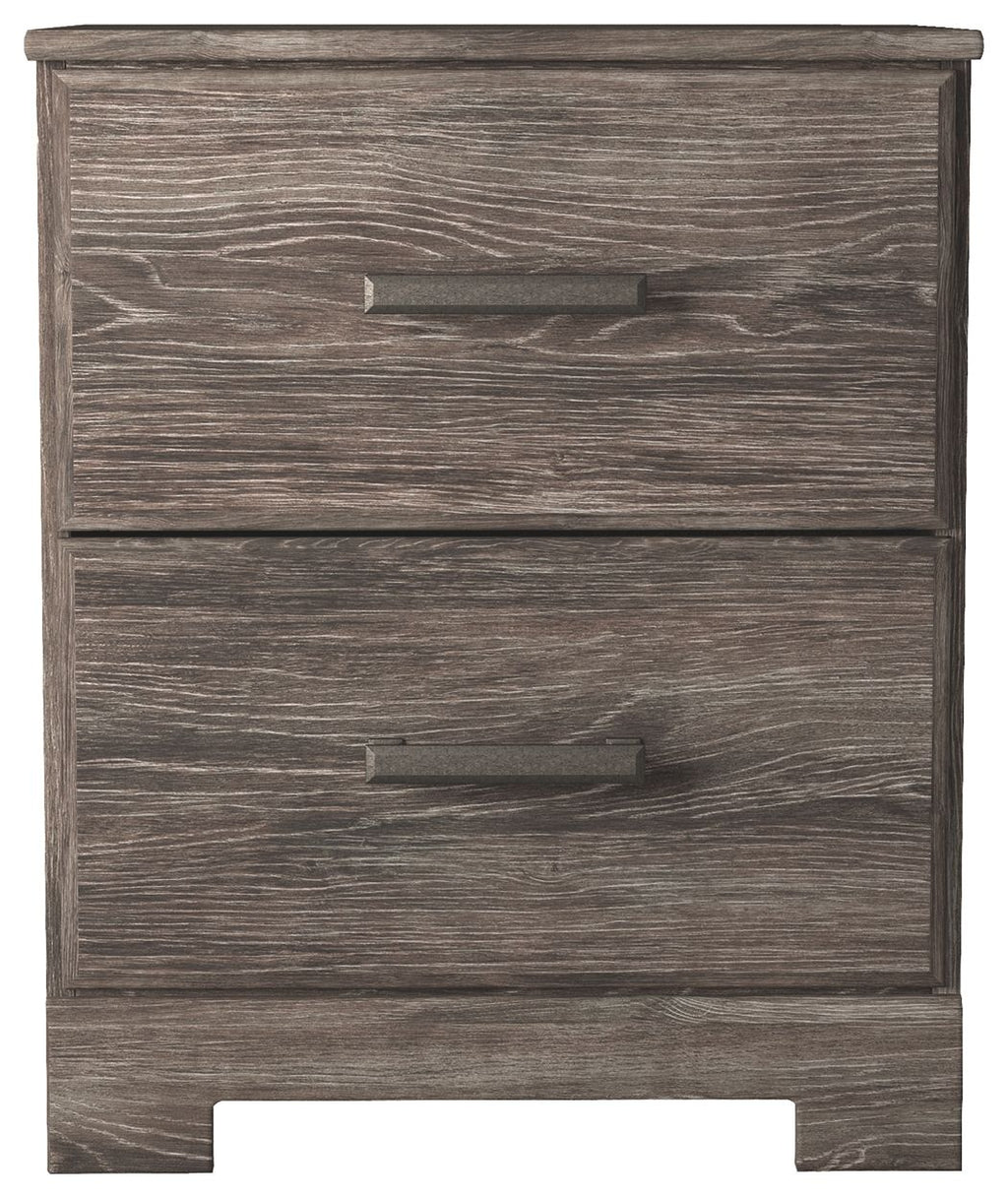 Two-drawer night stand front with gray wood grain and two metal drawer pulls