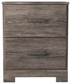 Two-drawer night stand front with gray wood grain and two metal drawer pulls