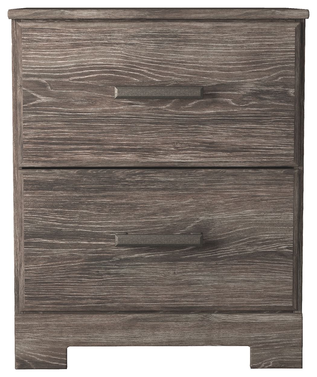 Two-drawer night stand front with gray wood grain and two metal drawer pulls