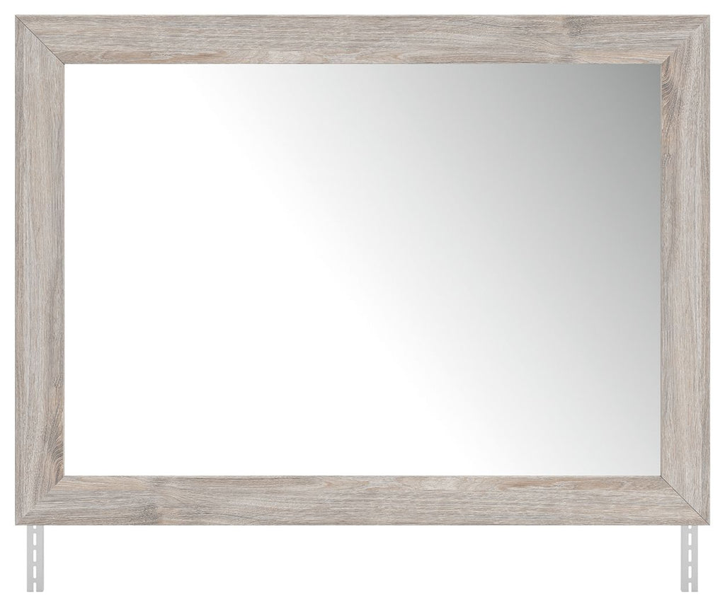 Broachmyn gray bedroom mirror with rectangular frame and raised stand