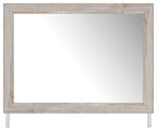 Broachmyn gray bedroom mirror with rectangular frame and raised stand