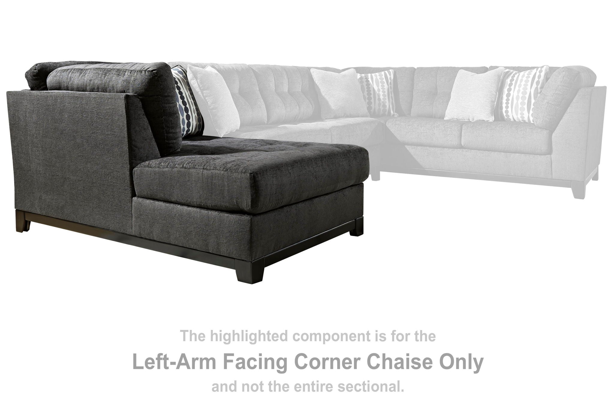 Dark gray upholstered left-arm corner chaise with wide arm and back cushions