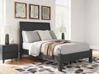 Black full panel bed with low footboard and headboard, white bedding with gray accents