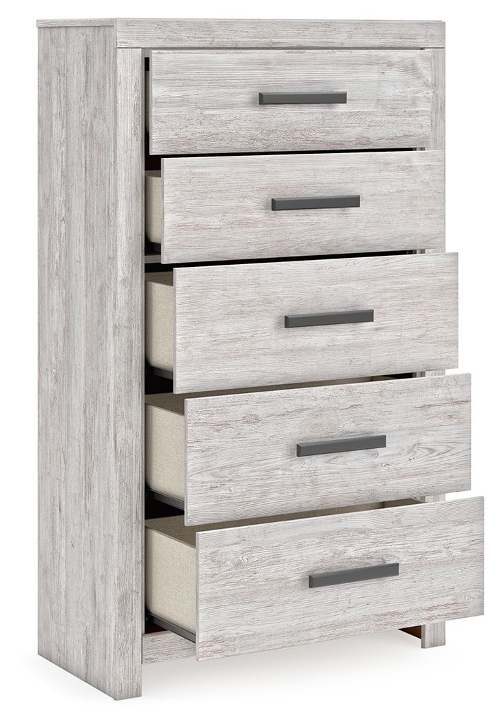 Whitewash five-drawer chest with partially open drawers and dark bar handles