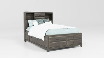 Gray storage headboard bed frame with drawer fronts and open shelving
