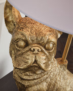Gold dog figurine base for table lamp, with white shade edge