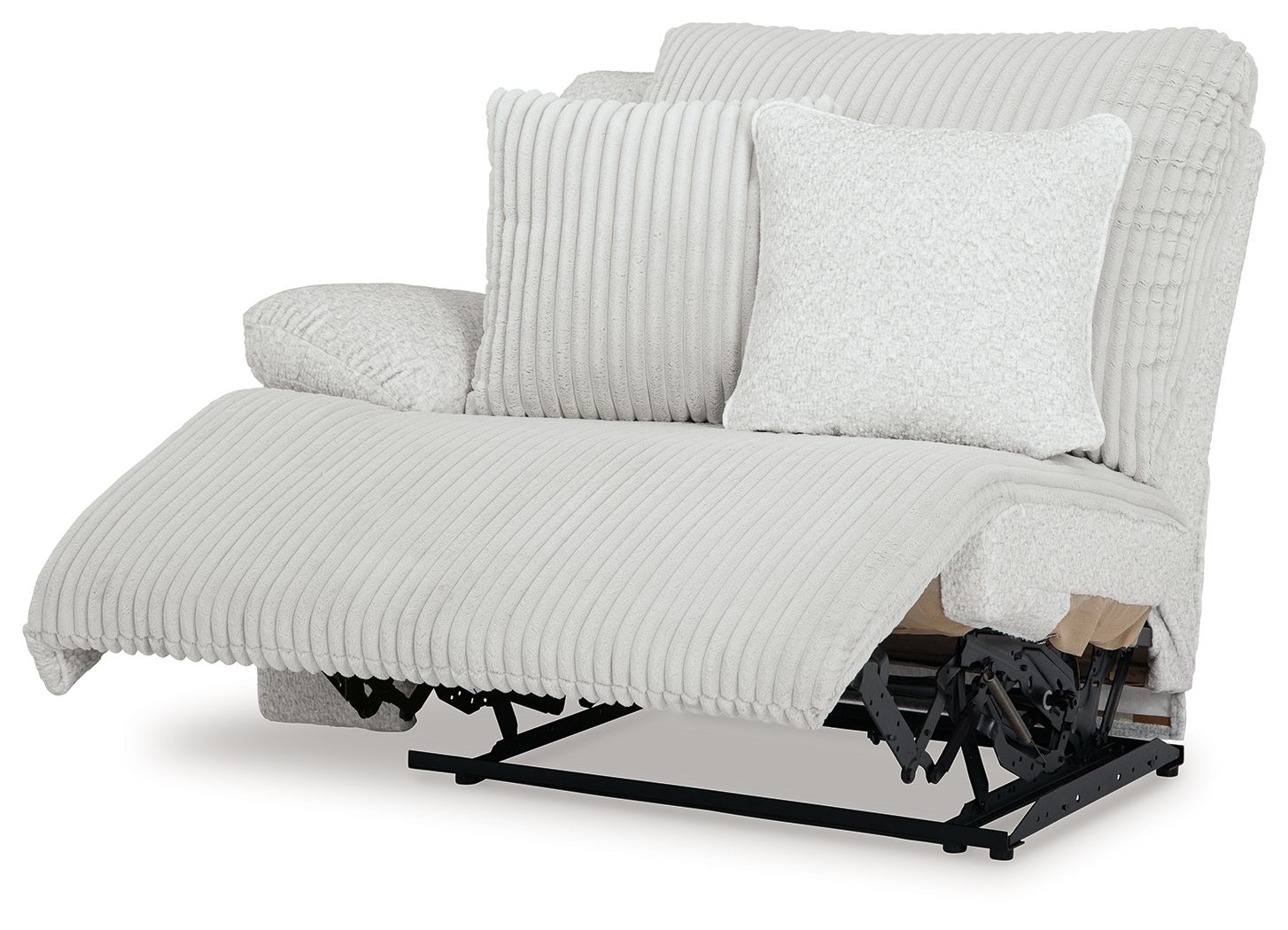 Light gray ribbed wall recliner with extended footrest and exposed base mechanism