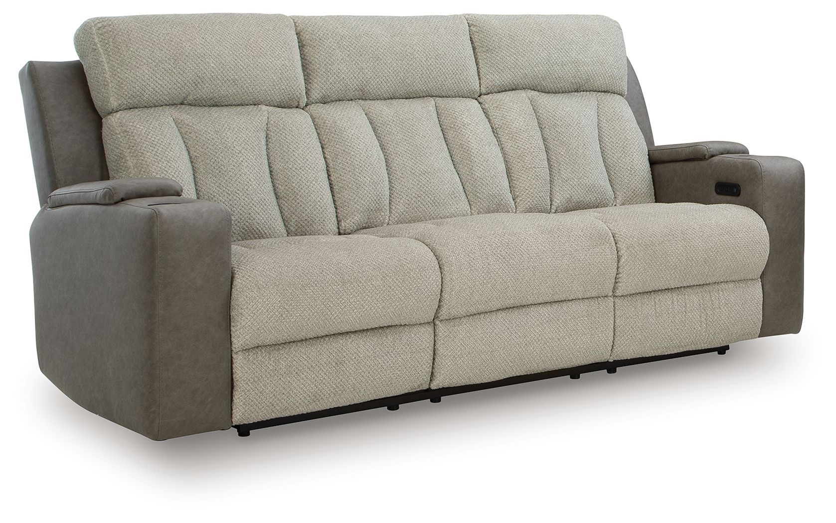 Power reclining sofa in light tan fabric with channel tufting and padded arms