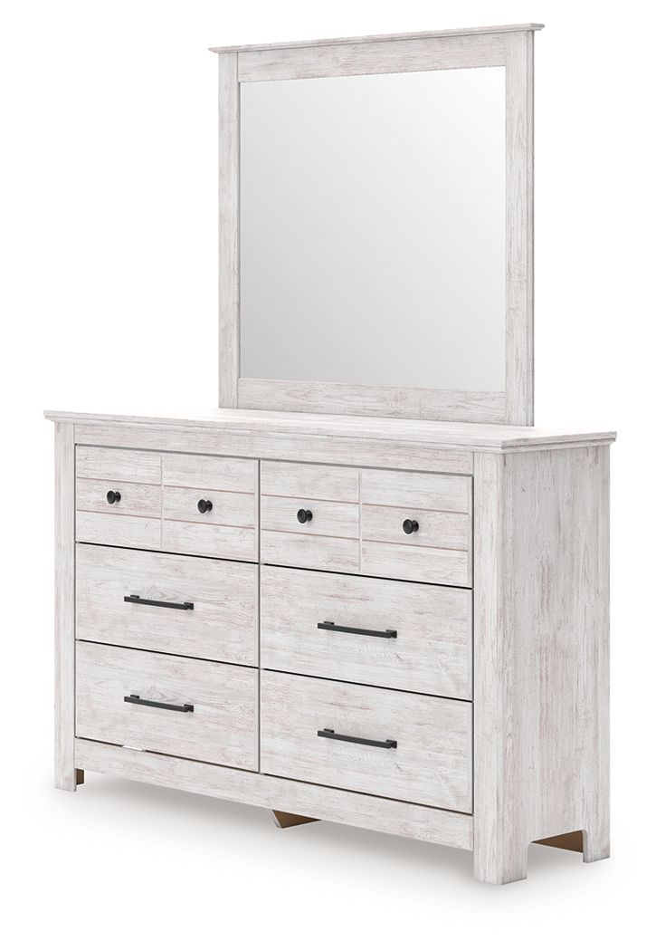 Whitewash six-drawer dresser with a tall mirror and black bar handles