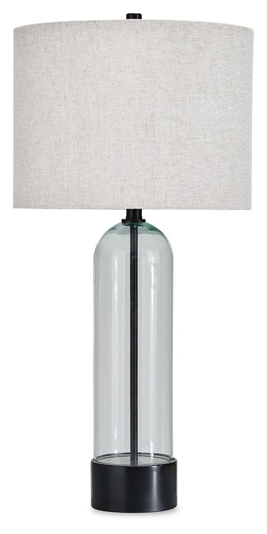 Clear glass table lamp with black base and linen fabric drum shade