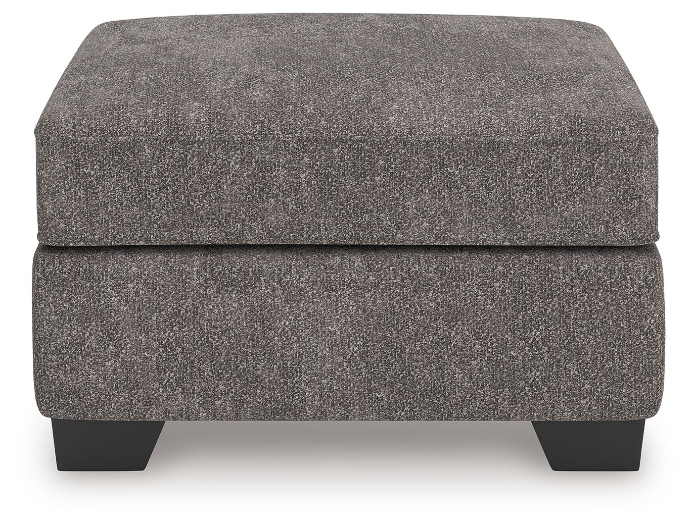 Dark gray upholstered ottoman with upholstered lid and four tapered black feet