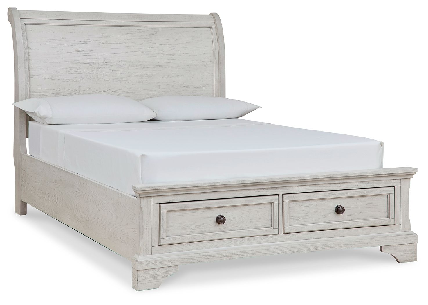 White sleigh bed with two storage drawers and paneled headboard, low footboard.