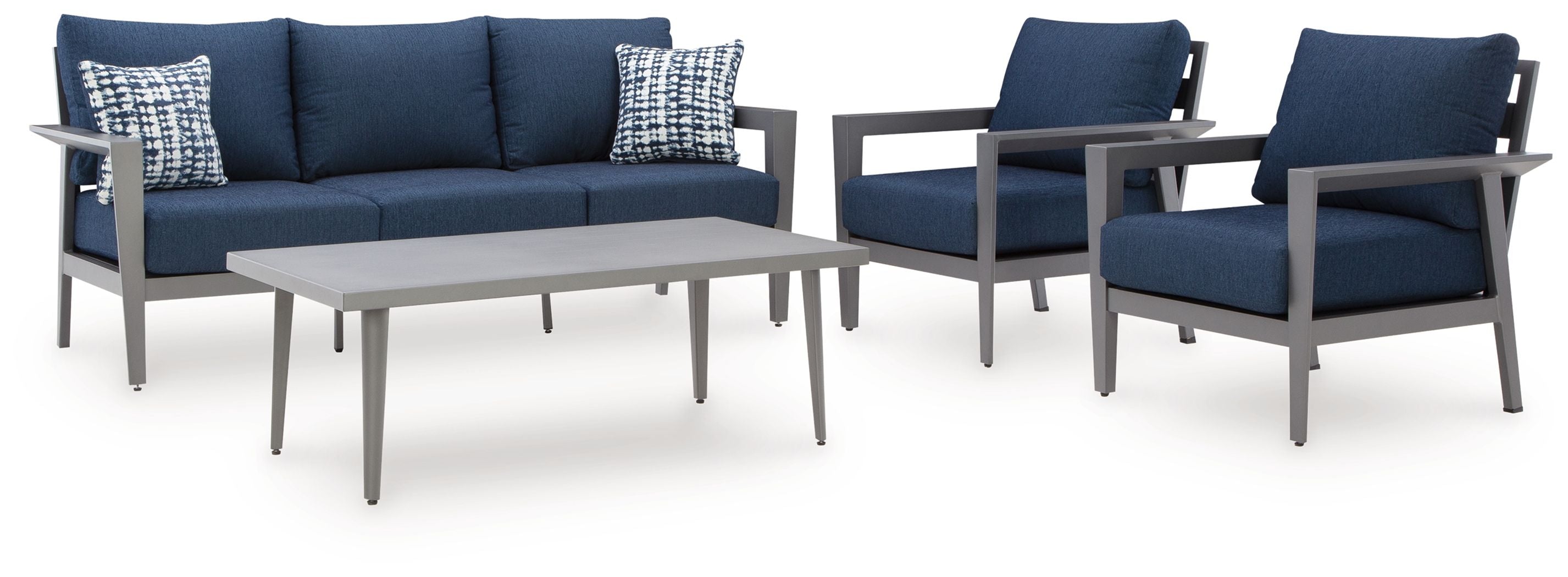 Patio seating set with navy loveseat and four armchairs, gray frames, and checkered pillows