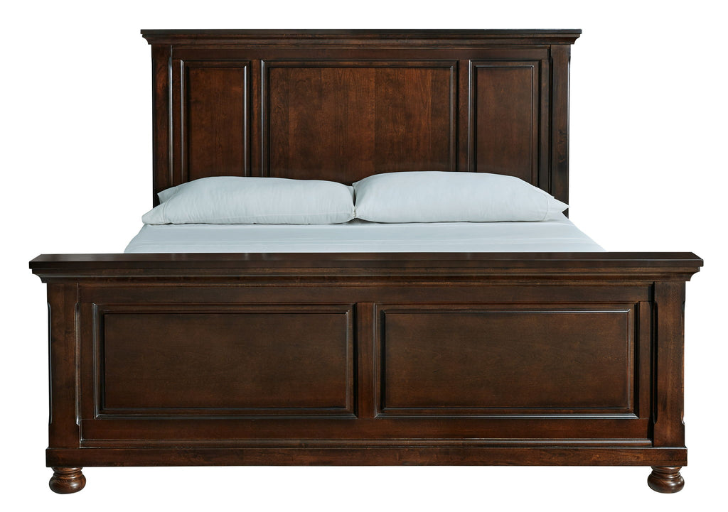 Dark brown panel bed frame with paneled headboard and wide, paneled footboard