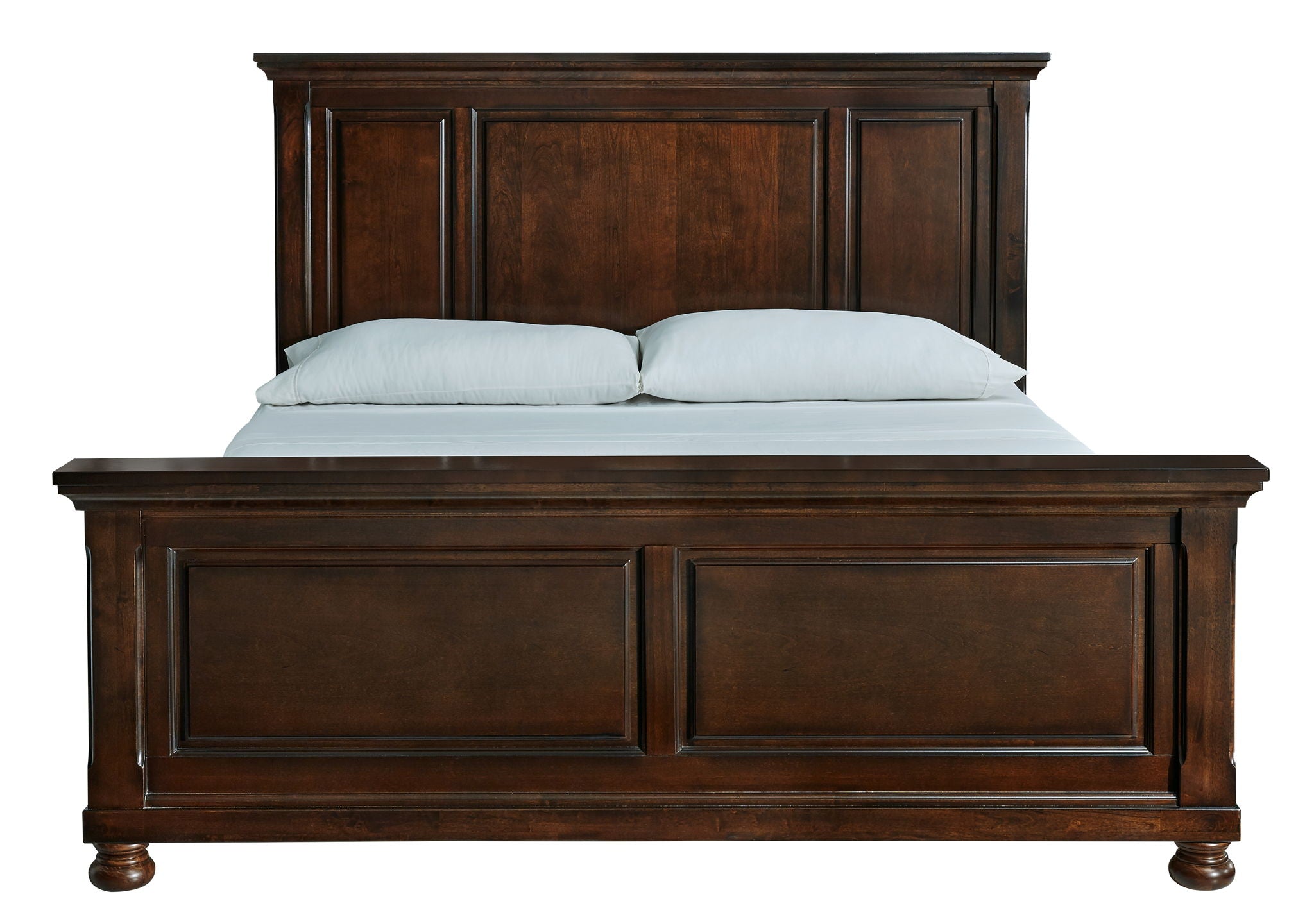 Dark brown panel bed frame with paneled headboard and wide, paneled footboard