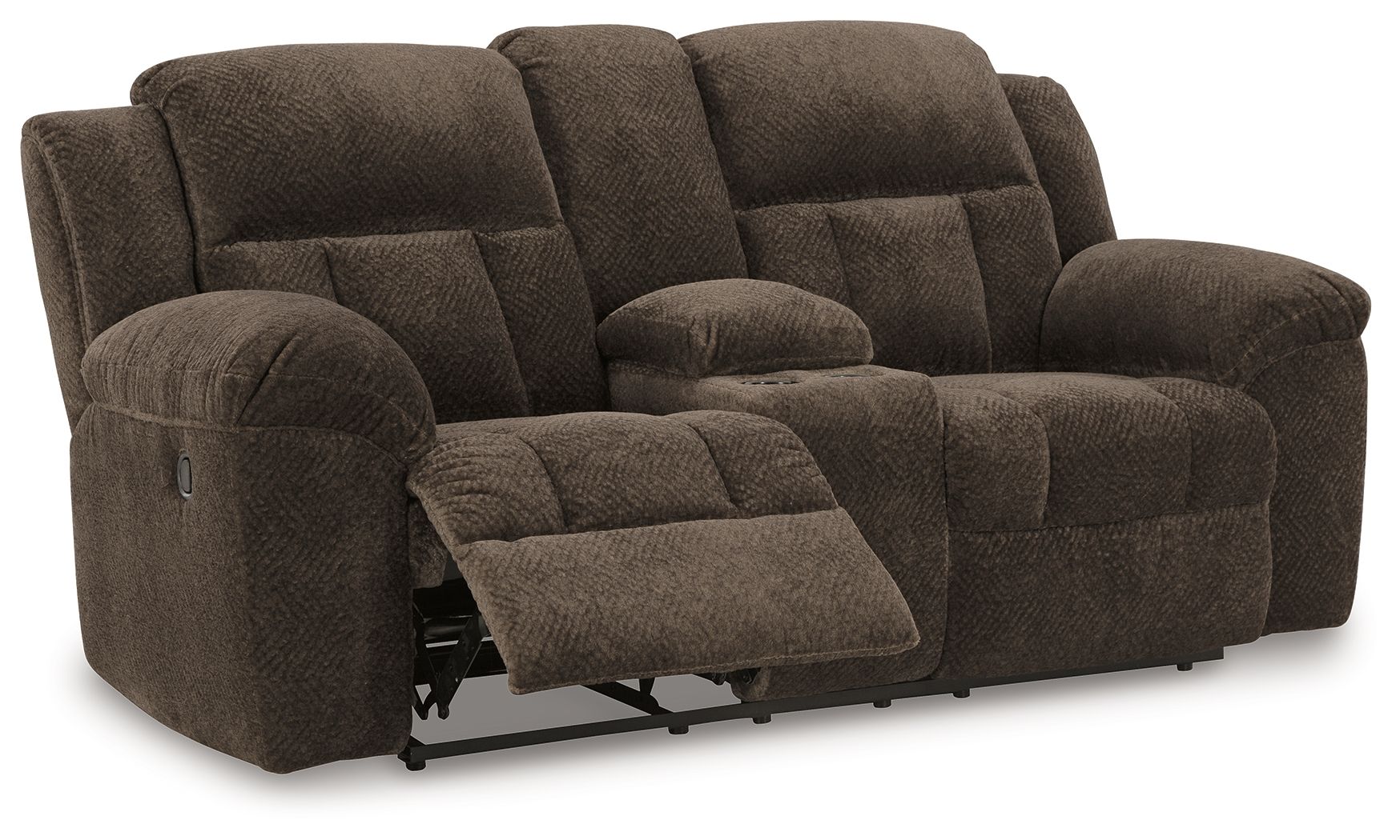 Dark brown double reclining loveseat with extended footrests and tufted cushions