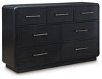 Black dresser with 9 drawers and brushed metal bar pulls, rectangular cabinet