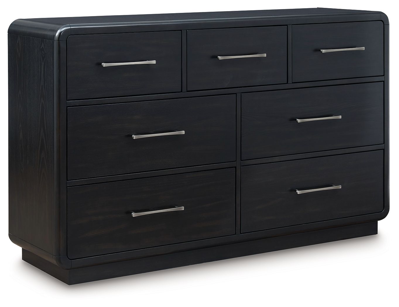 Black dresser with 9 drawers and brushed metal bar pulls, rectangular cabinet